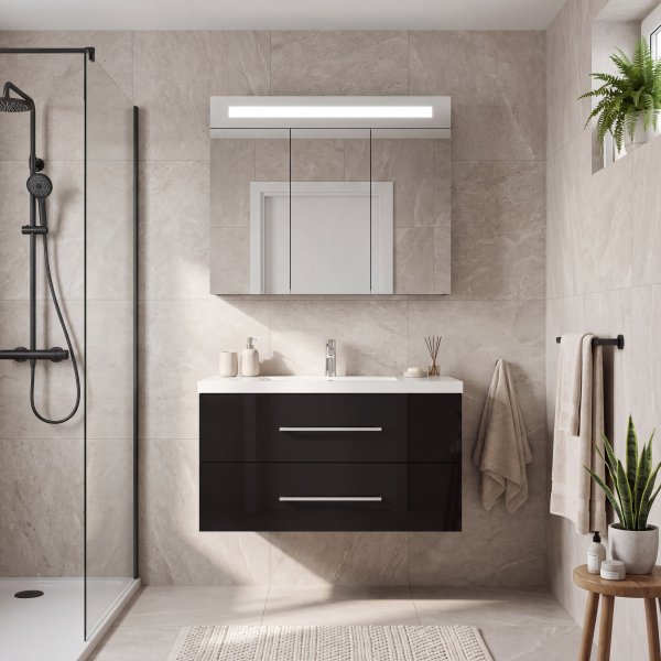 Baderomspakke 90 cm svart LED-speilskap - Malaga Baderomspakke 90 cm svart LED-speilskap - Malaga