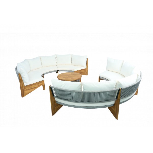 Rundt sofasett med bord | To sofaer i tau og akasietre | Kremfarget