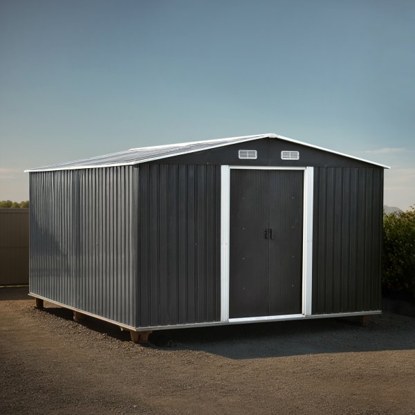 Lagerrom 12,5 m² | Galvanisert stålplate | Dobbel skyvedør | Sokkel inkludert Lagerrom 12,5 m² | Galvanisert stålplate | Dobbel skyvedør | Sokkel inkludert