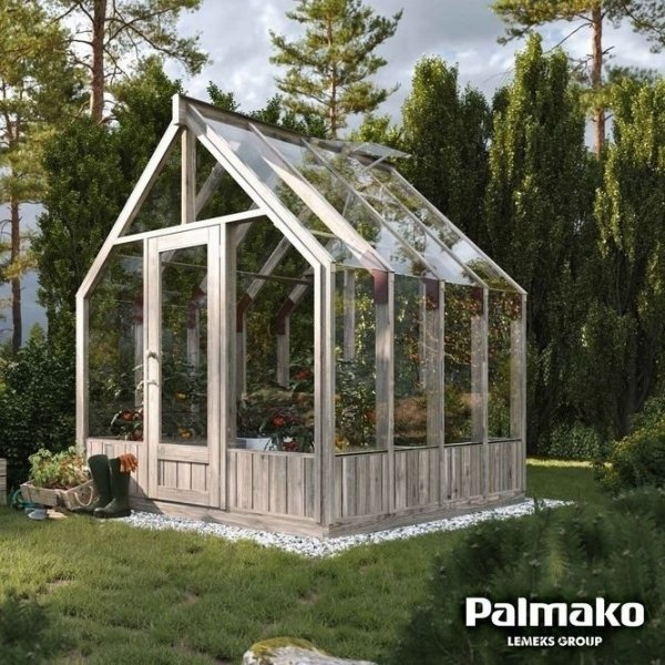 Drivhus Emilia med fundament 5,4 m² – Gråbehandlet tre - Herdet glas Drivhus Emilia med fundament 5,4 m² – Gråbehandlet tre - Herdet glas