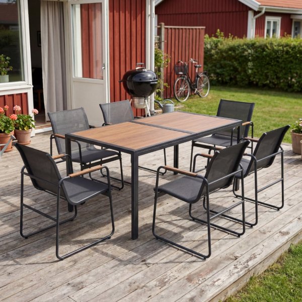 Utend�rs spisegruppe 160x90cm 6 stoler st�l Zanzibar + M�belpleie