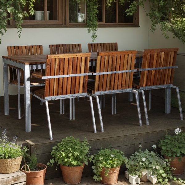 Alva spisegruppebord inkl. 6 stoler - Teak / Galvanisert stål Alva spisegruppebord inkl. 6 stoler - Teak / Galvanisert stål