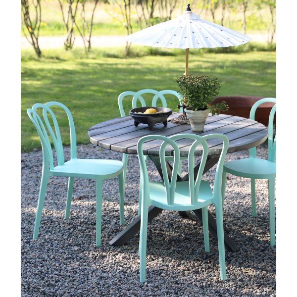 Spisegruppe Scottsdale: Rundt grått trebord inkl. 4 stk. Bally stablebare stoler Spisegruppe Scottsdale: Rundt grått trebord inkl. 4 stk. Bally stablebare stoler