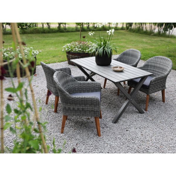 Spisegruppe Scottsdale: bord 150 cm inkludert 4 stk. Valetta lenestoler i gr kunstrotting