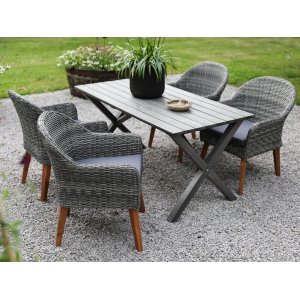 Spisegruppe Scottsdale: bord 150 cm inkludert 4 stk. Valetta lenestoler i grå kunstrotting Spisegruppe Scottsdale: bord 150 cm inkludert 4 stk. Valetta lenestoler i grå kunstrotting