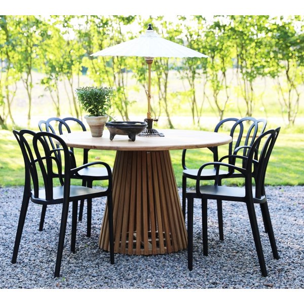 Spisegruppe Salt teak: Teakbord, rundt, 120 cm, inkl. 4 stk. Thornet karmstoler