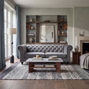 Chesterfield sofa i fl�yel - gr� 3-seter interi�r og m�bler - 219x88x78 cm