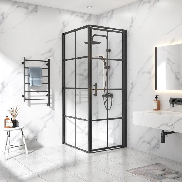 Dusjkabinett 100×100×200 cm - svarte profiler og 6 mm sikkerhetsglass Dusjkabinett 100×100×200 cm - svarte profiler og 6 mm sikkerhetsglass