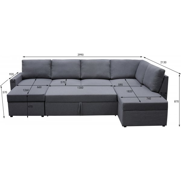 U-formet sovesofa Dream med oppbevaring - 299 cm - m�rkegr�