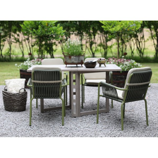 Spisegruppe Salt� gr� teak: Klaffbord inkl. 4 stk. gr�nne Lincoln-karmstoler