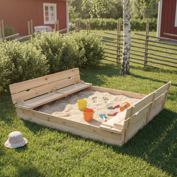 Sandkasse med lokk og benk 157x157 cm FSC-sertifisert tre Sandkasse med lokk og benk 157x157 cm FSC-sertifisert tre