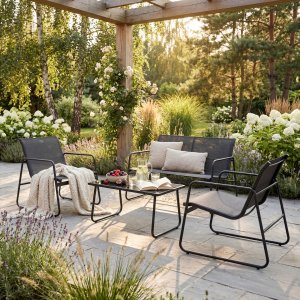 Utend�rsgruppe Laguna med sofa, lenestoler og salongbord - svart