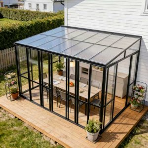 Svart vinterhage mot vegg 14,8 m� - Aluminium og glass med skyved�rer