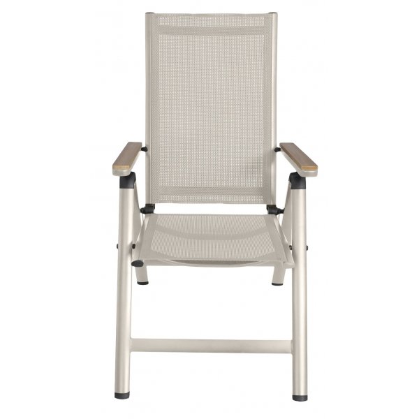 Svea stillingsstol beige tekstilene med armlener i eik-lakkert tre